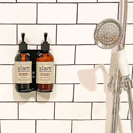 Siam Botanicals Shampoo and Conditioner dispenser with tiled background